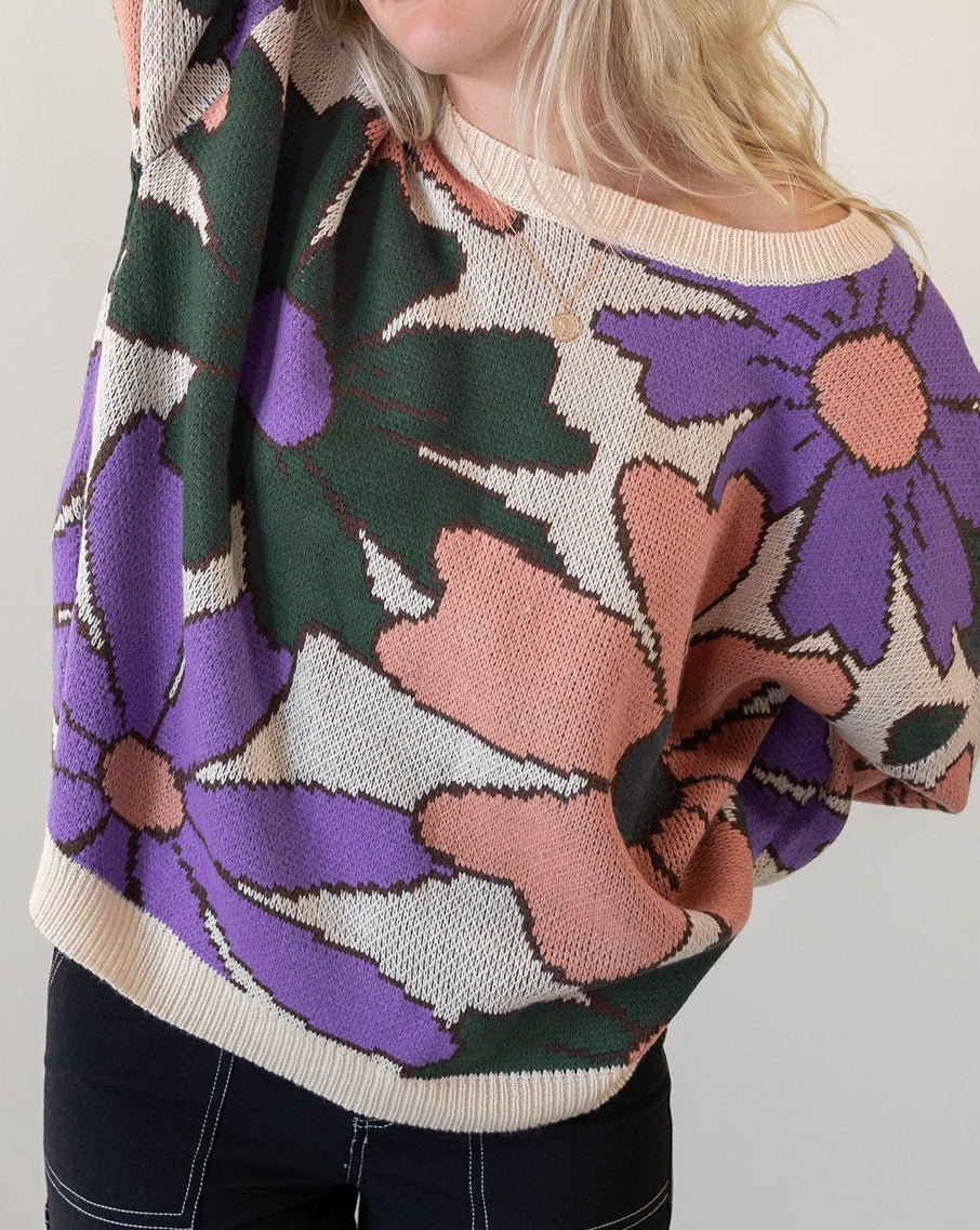 Retro Floral Ribbed Trim Sweater