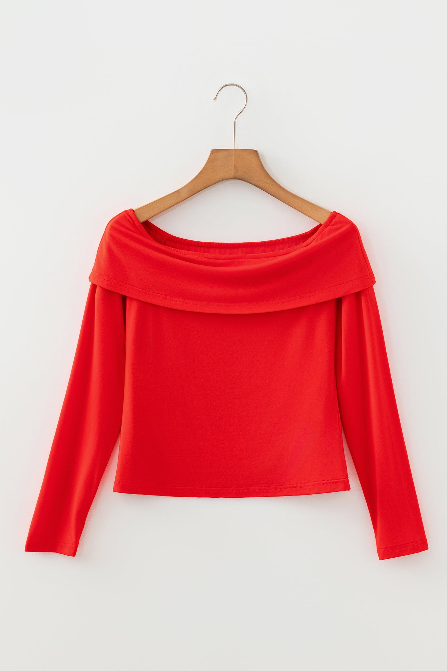 Solid Fold-Over Off-Shoulder Long Sleeve Top