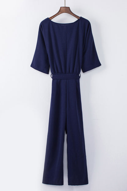 Solid 3/4 Sleeve Wide Leg Jumpsuit