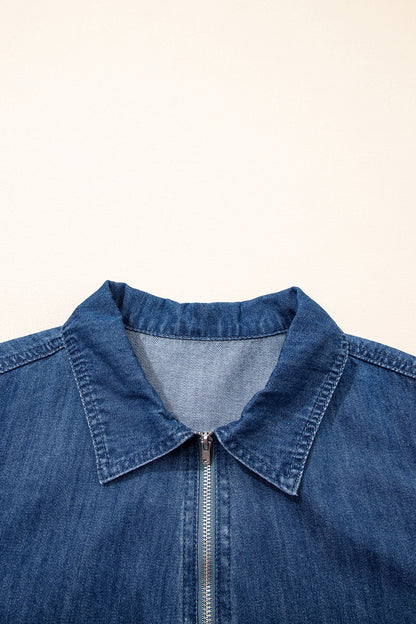 Denim Zip-Up Collar Short Sleeve Mini Dress