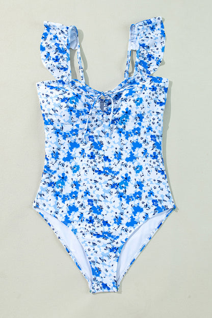 Floral Ruffle Strap Lace-Up One Piece Swimsuit