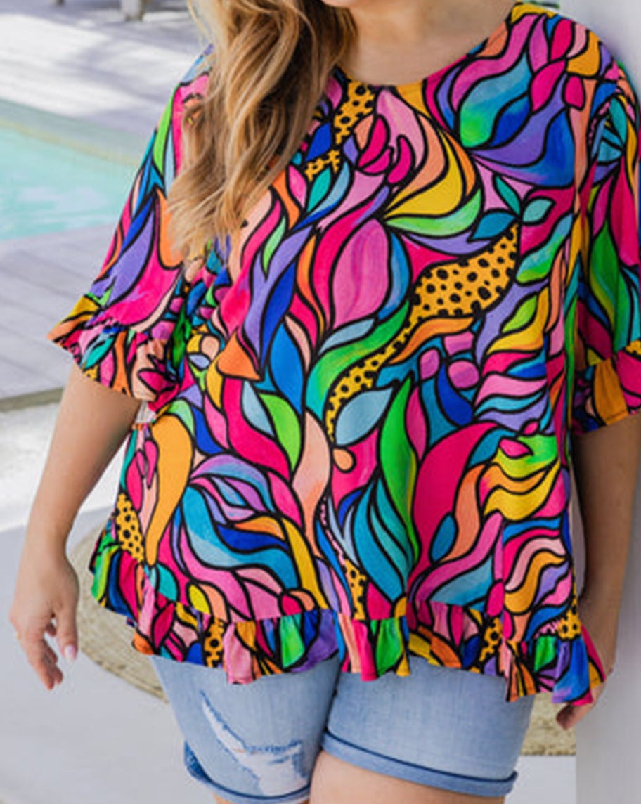 Abstract Ruffle 3/4 Sleeve Blouse Plus Size