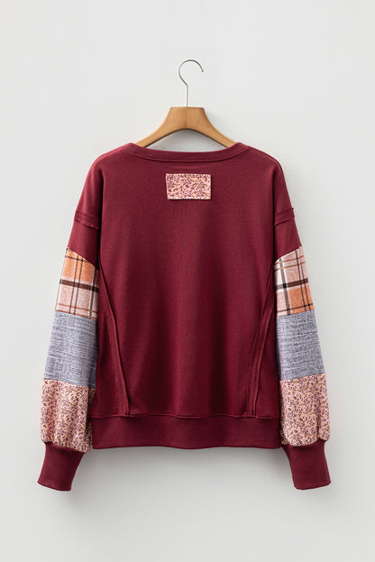 Plaid Patchwork Long Sleeve Raw Seam Sweatshirt
