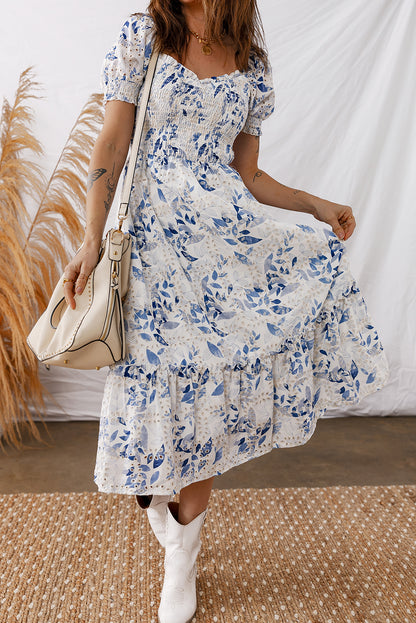 Floral Smocked Puff Sleeve Tiered Midi Dress
