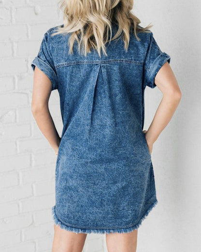 Denim Raw Edge Buttoned Dress