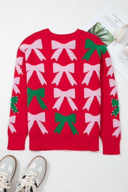 Bow Pearl Embellished Christmas Sweater