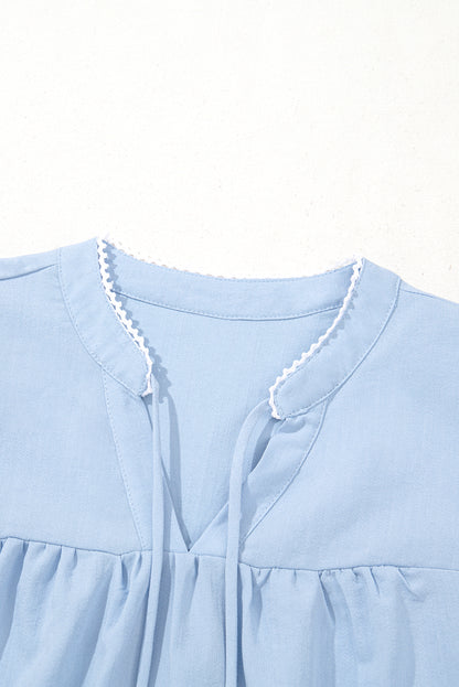 Floral Embroidered Puff Sleeve Split Neck Blouse