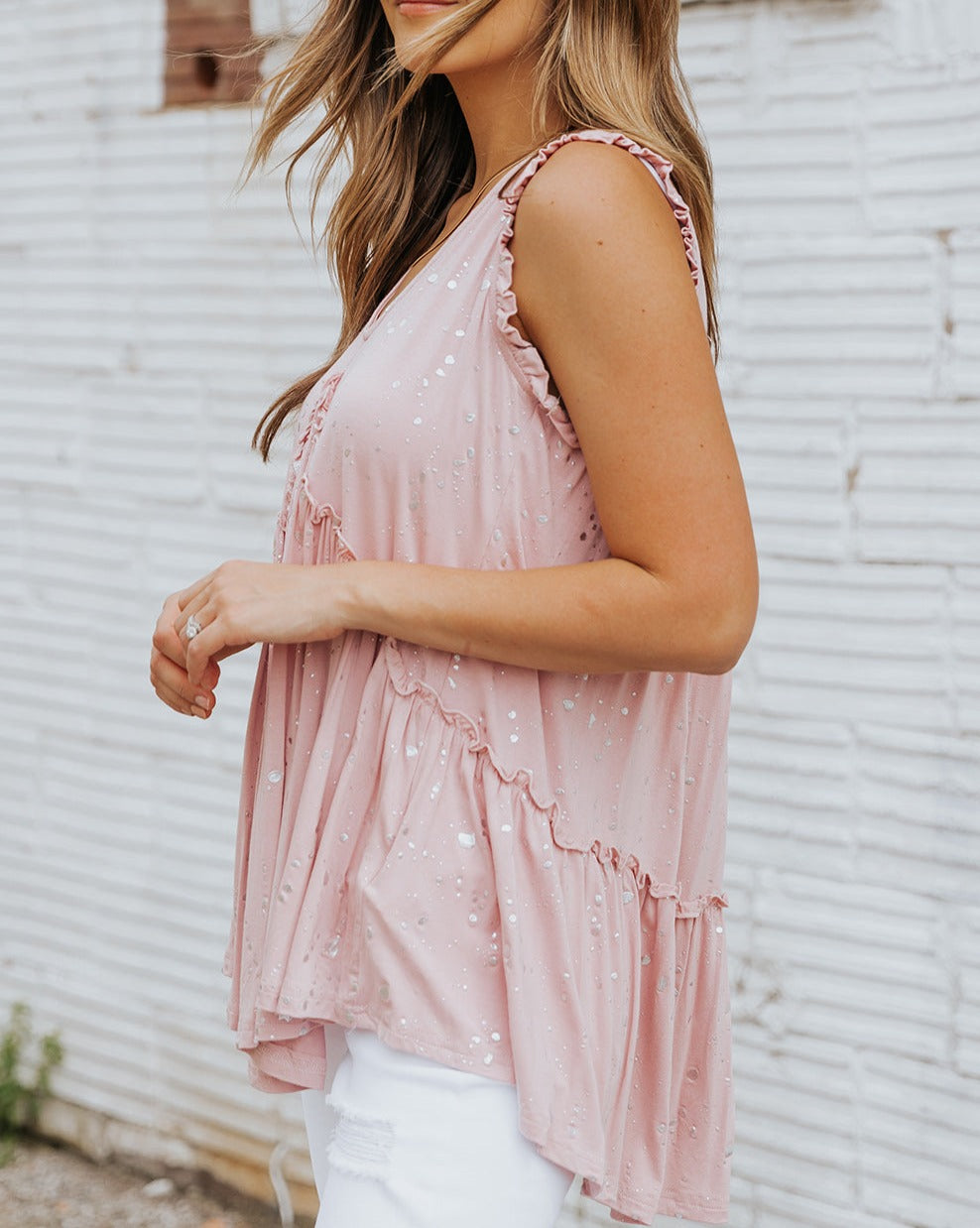 Metallic Dotted Ruffle Babydoll Tank