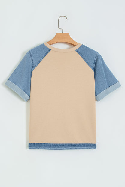 Colorblock Denim Patchwork Raglan Sleeve Tee