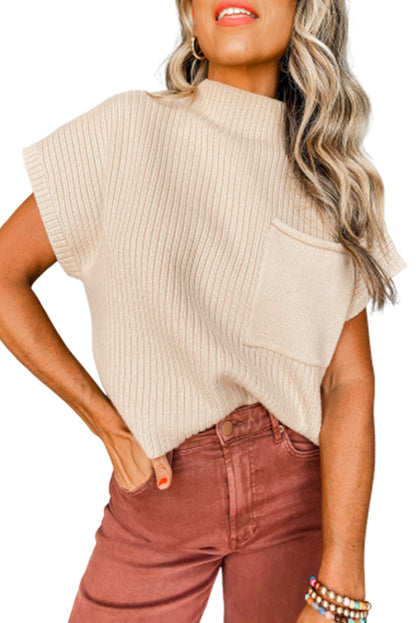 Ribbed Short Sleeve Pocketed Sweater