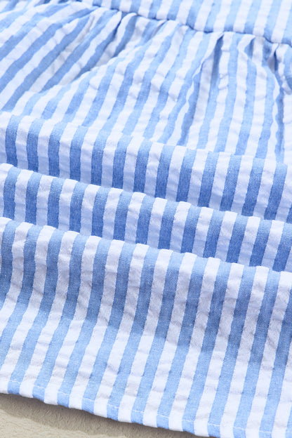 Plus Size Stripe Seersucker Notched Neck Tiered Dress