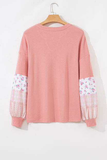 Plus Size Floral Patchwork Sleeve Waffle Knit Top