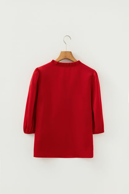 Solid Frilled Bow Tie V-Neck 3/4 Sleeve Blouse
