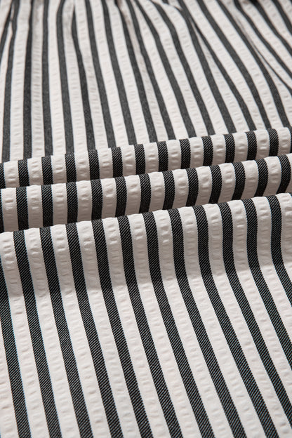 Stripe Scallop Trim Shirt Collar Maxi Dress