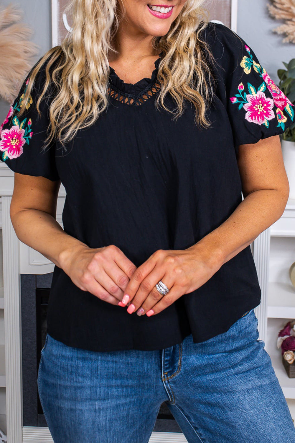 Floral Embroidered Bubble Sleeve Top