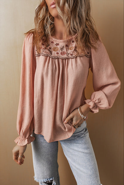 Floral Embroidered Flounce Sleeve Blouse