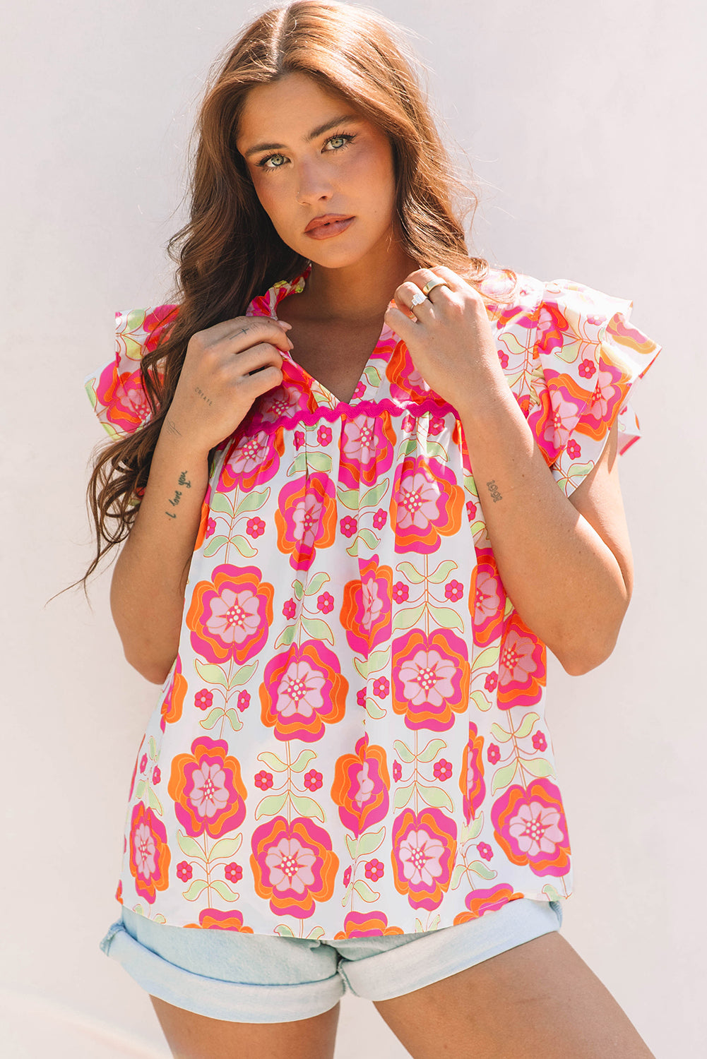 Floral Ricrac Trim  Ruffle Sleeve Blouse