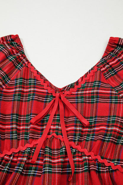 Plaid Ricrac Trim Long Sleeve Tiered Mini Dress