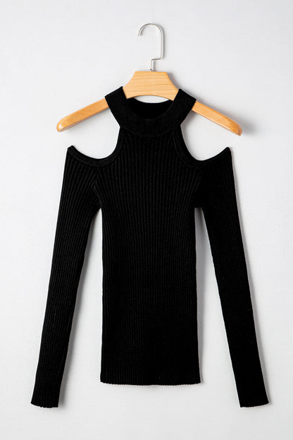 Solid Ribbed Knit Cold Shoulder Choker Neck Top