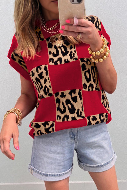 Leopard Checker Short Sleeve Knit Sweater