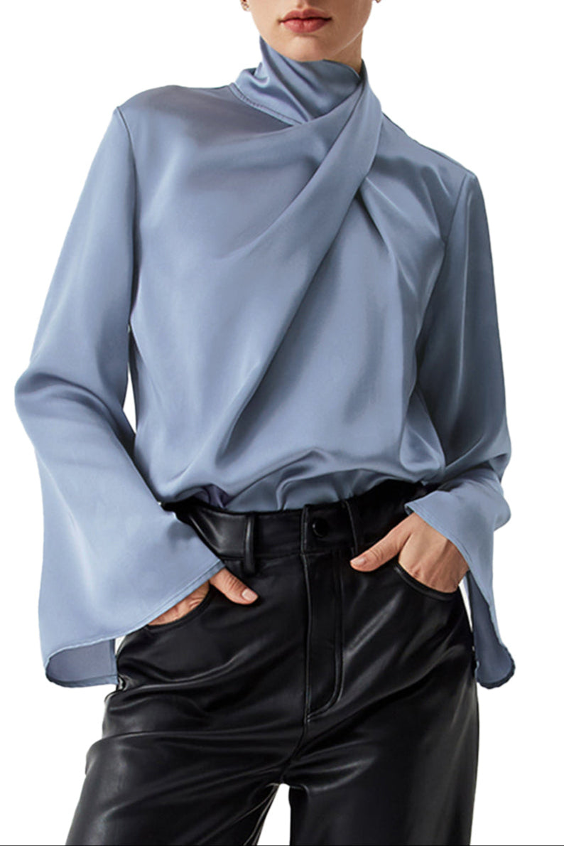 Pleated Turtleneck Bell Sleeve Blouse