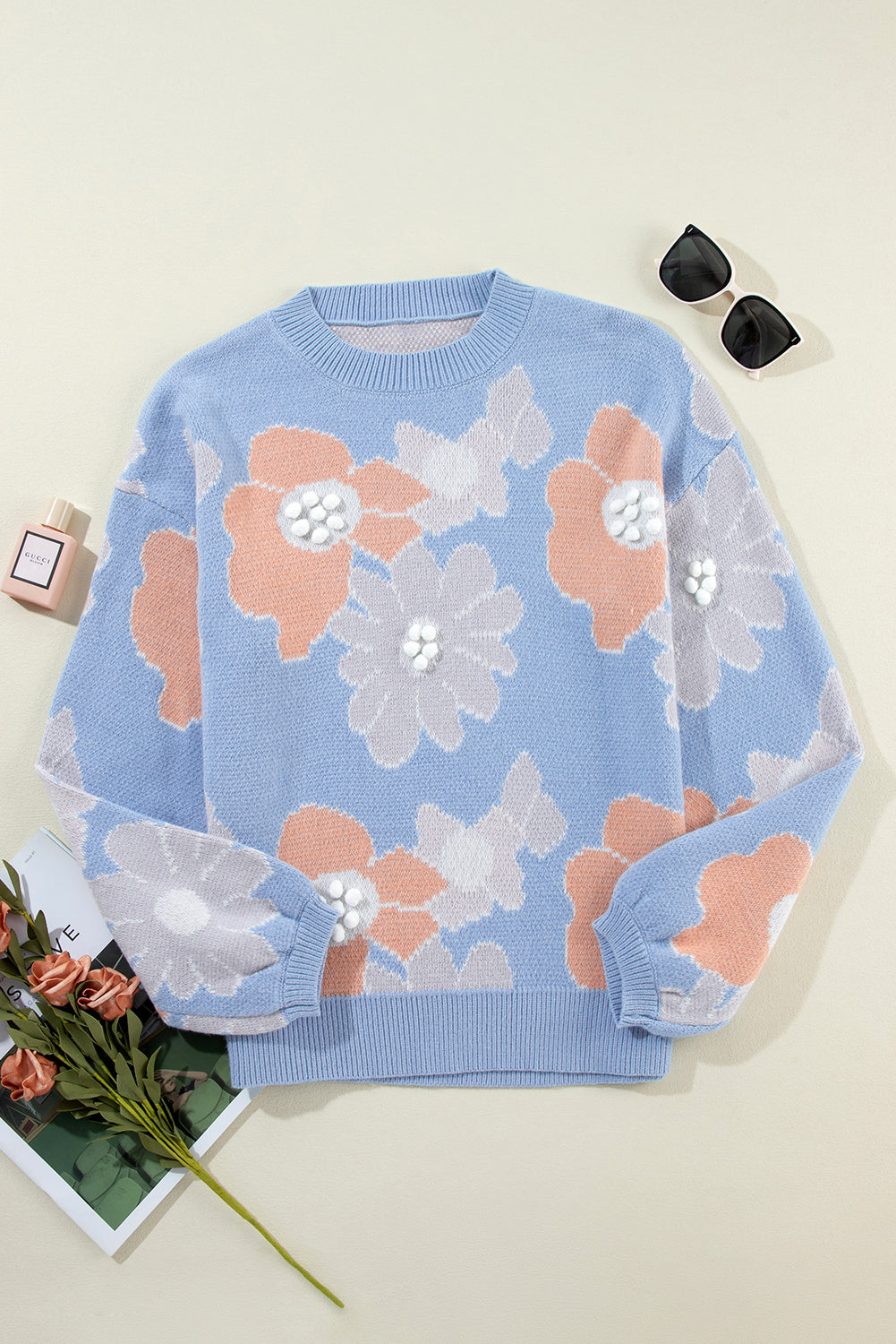 Floral Knit Drop Shoulder Sweater