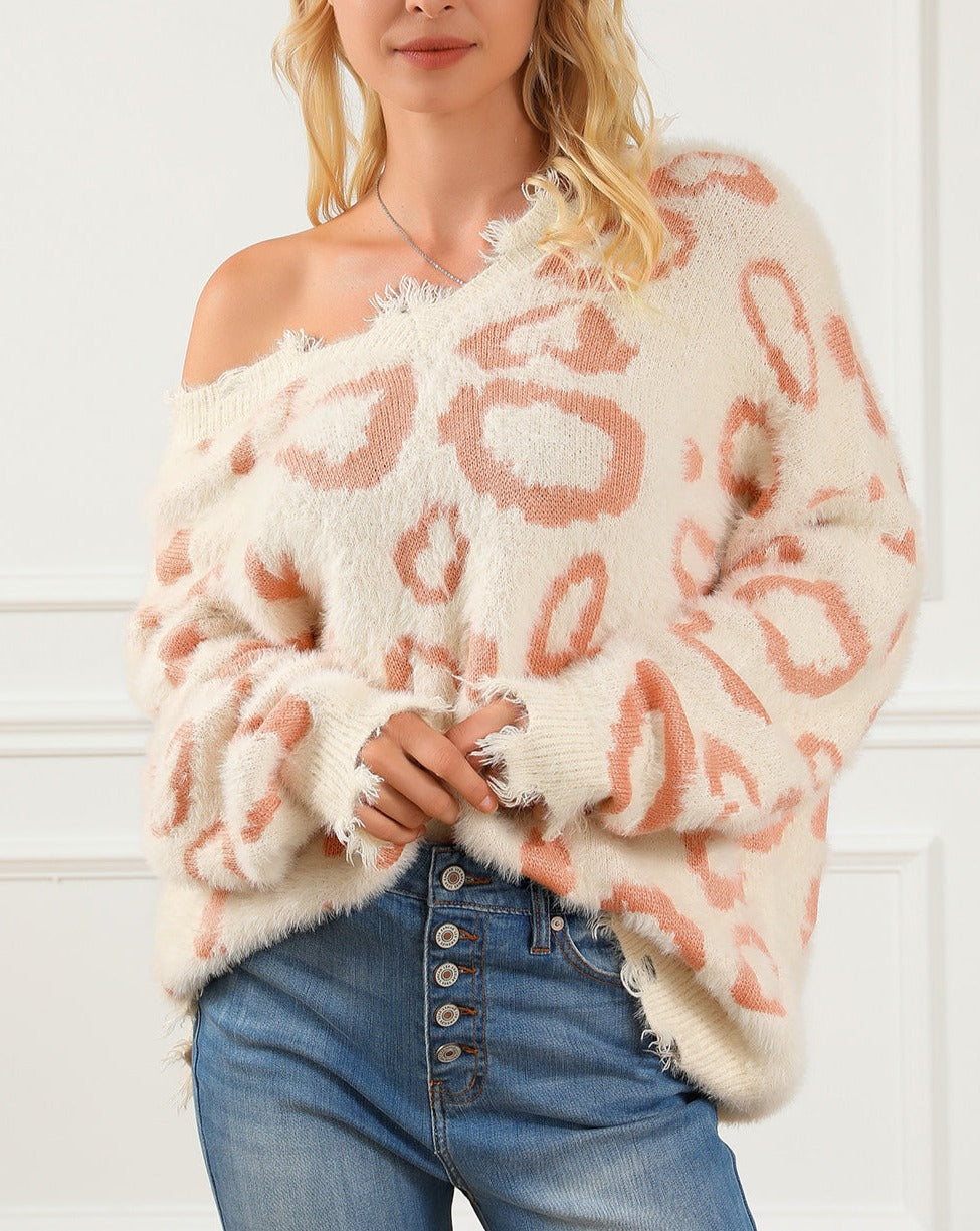 Leopard Distressed Fuzzy V-Neck Sweater