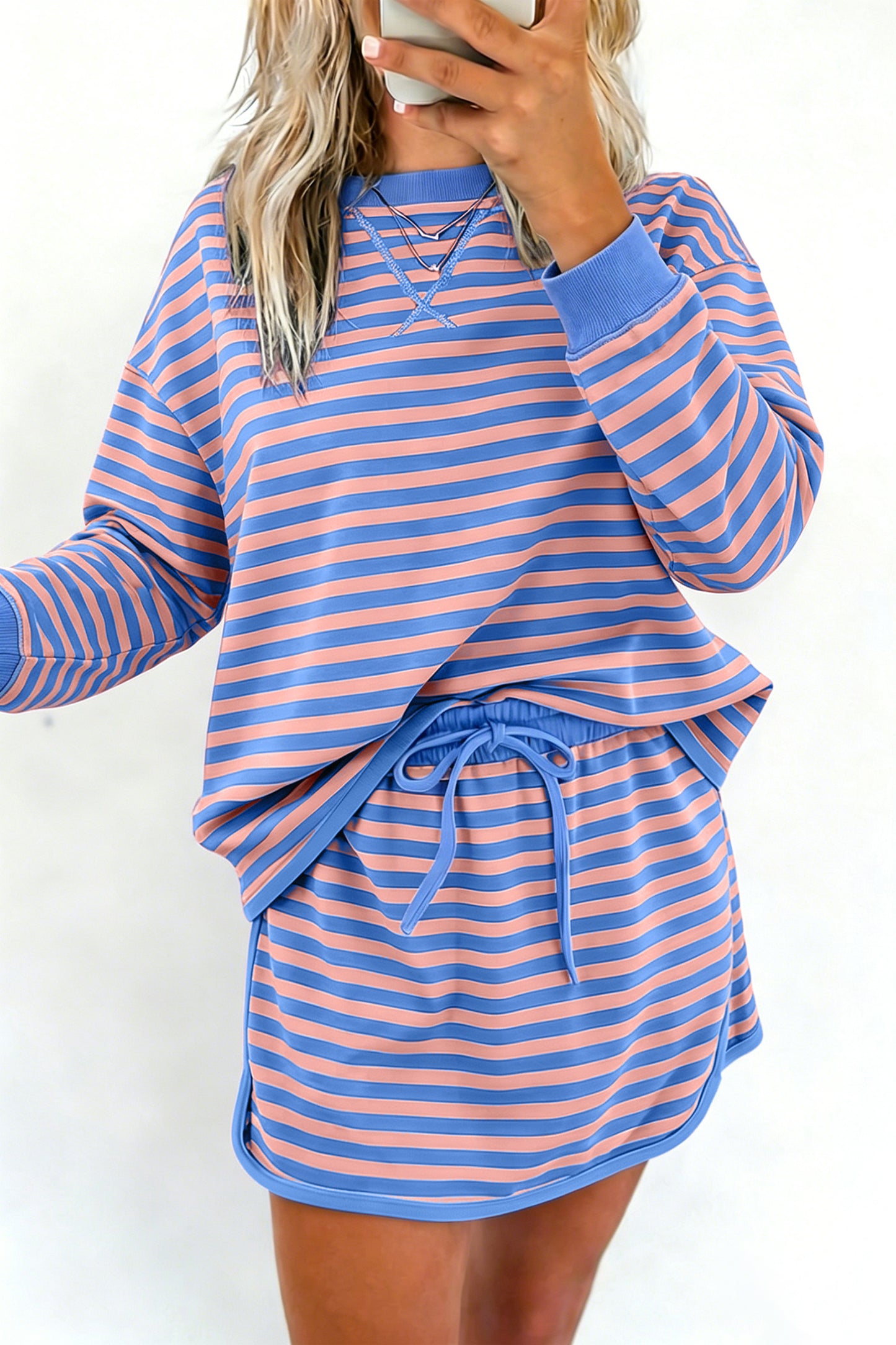 Stripe Long Sleeve Pullover & Drawstring Skort Set
