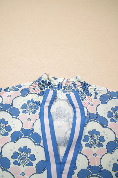 Floral V-Neck Flounced Short Sleeve Blouse