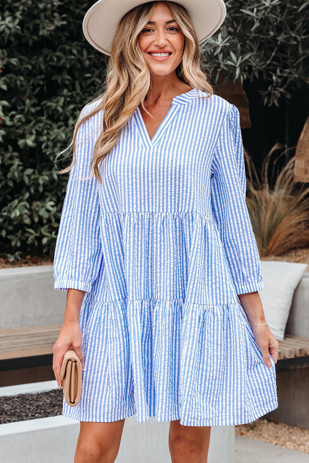 Stripe 3/4 Sleeve Pocketed Tiered Dress