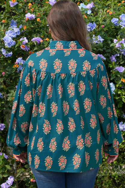 Plus Size Floral Lace Trim Pleated Buttoned Shirt