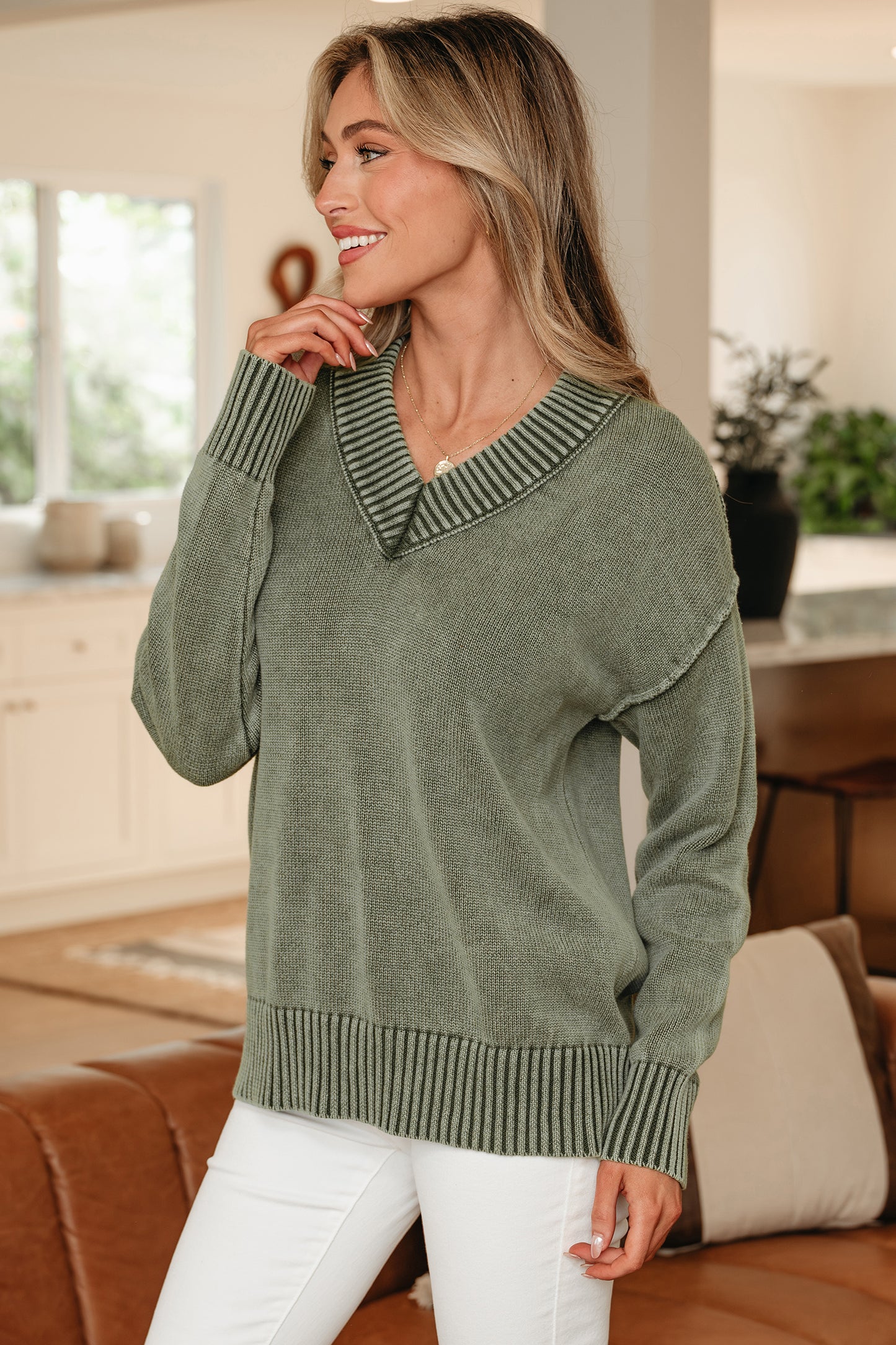 Mineral Wash Reverse Seam V-Neck Drop Shoulder Sweater