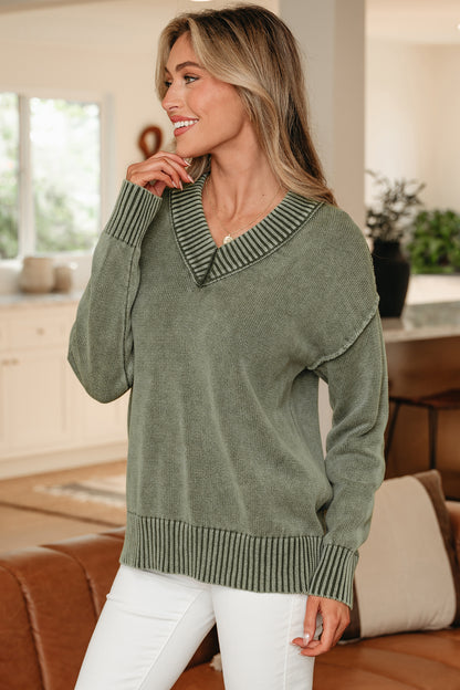 Mineral Wash Reverse Seam V-Neck Drop Shoulder Sweater