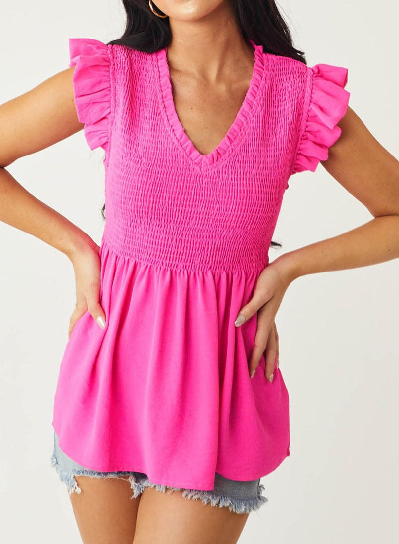 Ruffle Sleeve Smocked Peplum Top