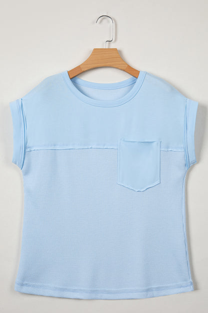 Waffle Patchwork Raw Seam Short Sleeve T-Shirt