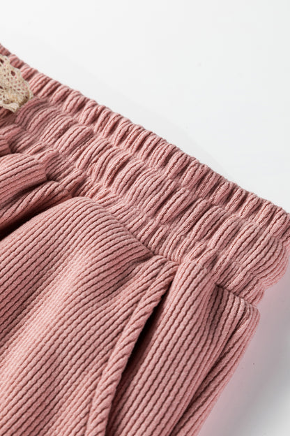 Solid Corduroy Lace Hoodie and Pants Set