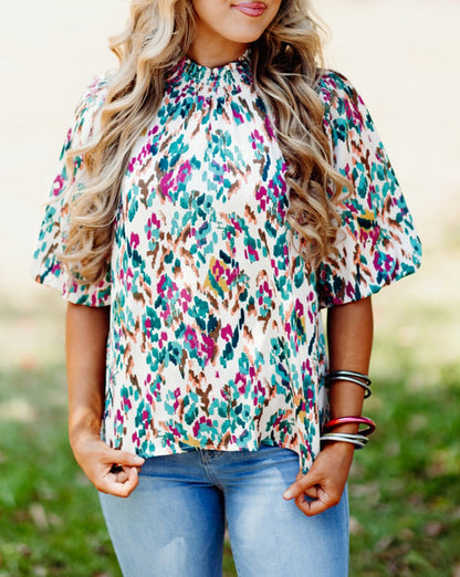 Abstract Mock Neck Blouse