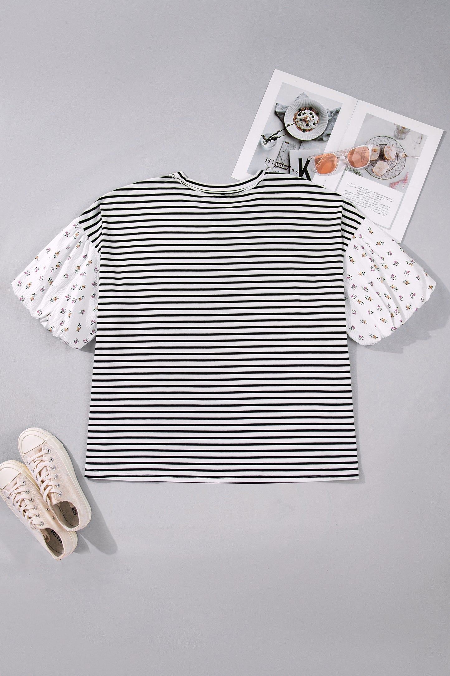 Plus Size Stripe Floral Patchwork Puff Sleeve Top