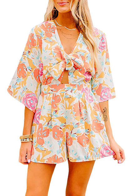 Floral 3/4 Sleeve Front Tie Romper