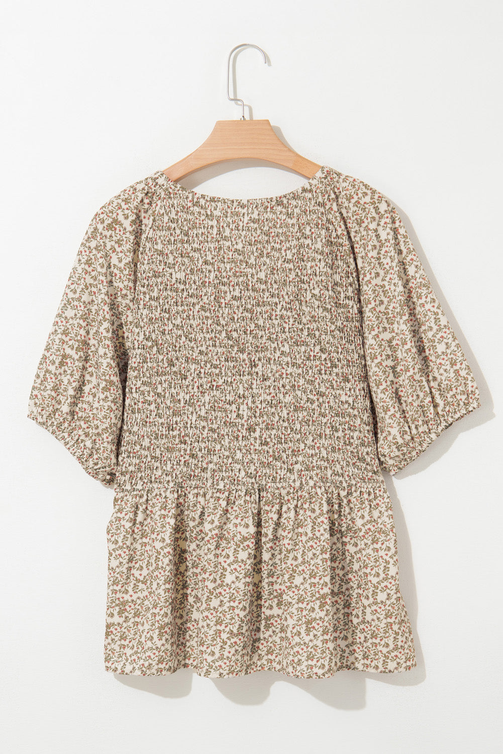 Floral Puff Sleeve Smocked V-Neck Top