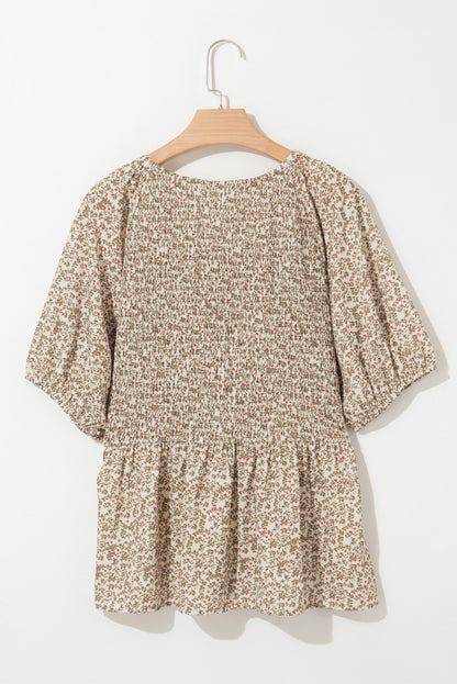 Floral Puff Sleeve Smocked V-Neck Top