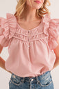 Shirred Ruffle Sleeve Buttoned Blouse