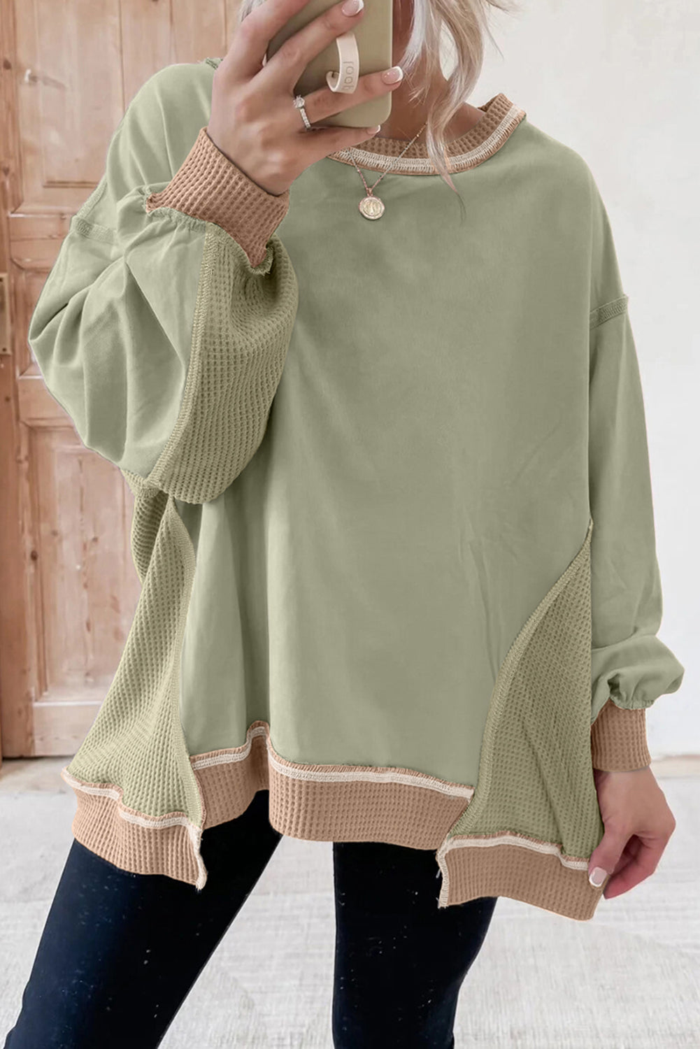 Colorblock Waffle Patchwork Oversize Sweatshirt