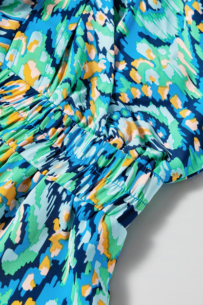 Abstract Puff Sleeve V-Neck High Waist Romper