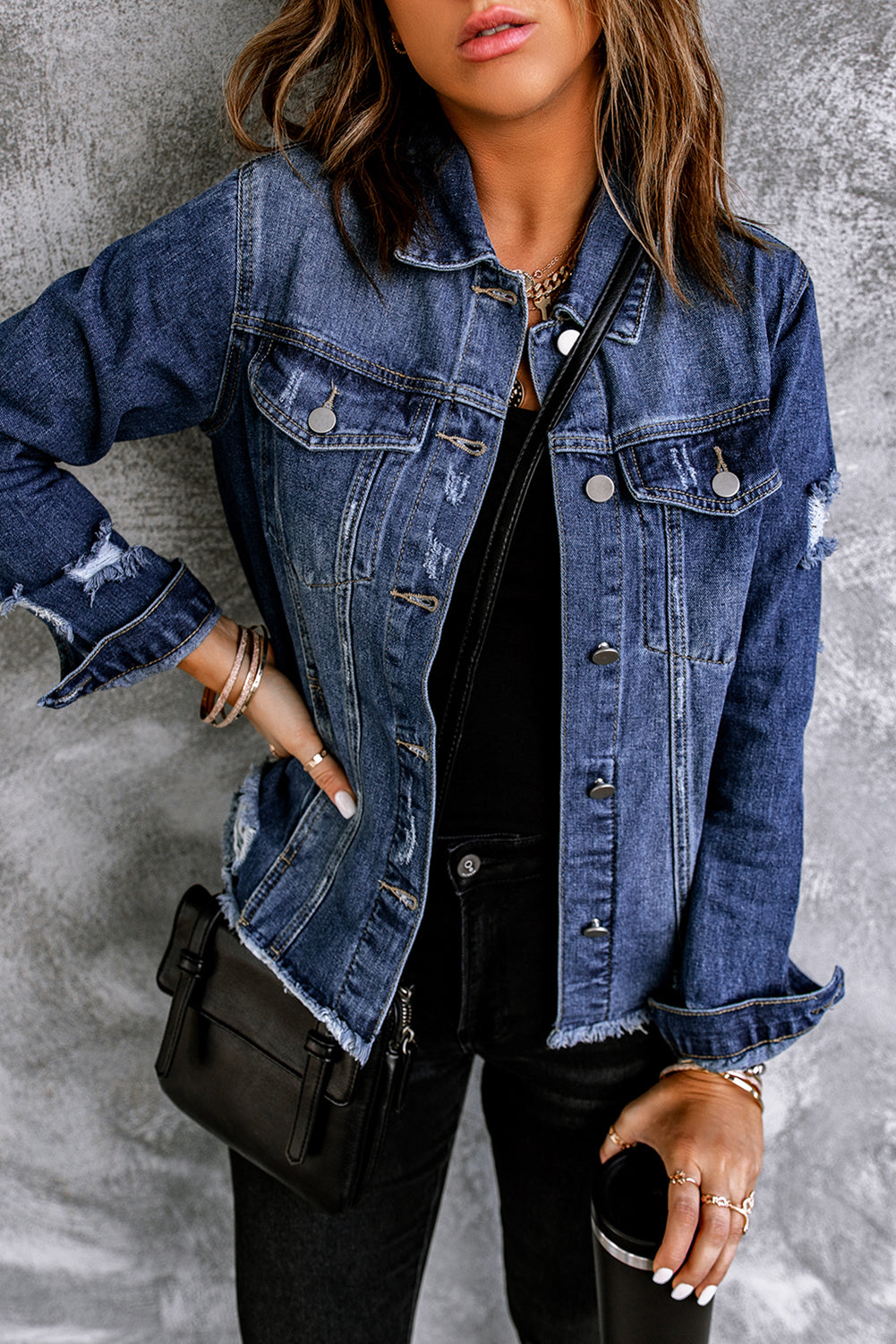 Denim Distressed Raw Hem Jacket