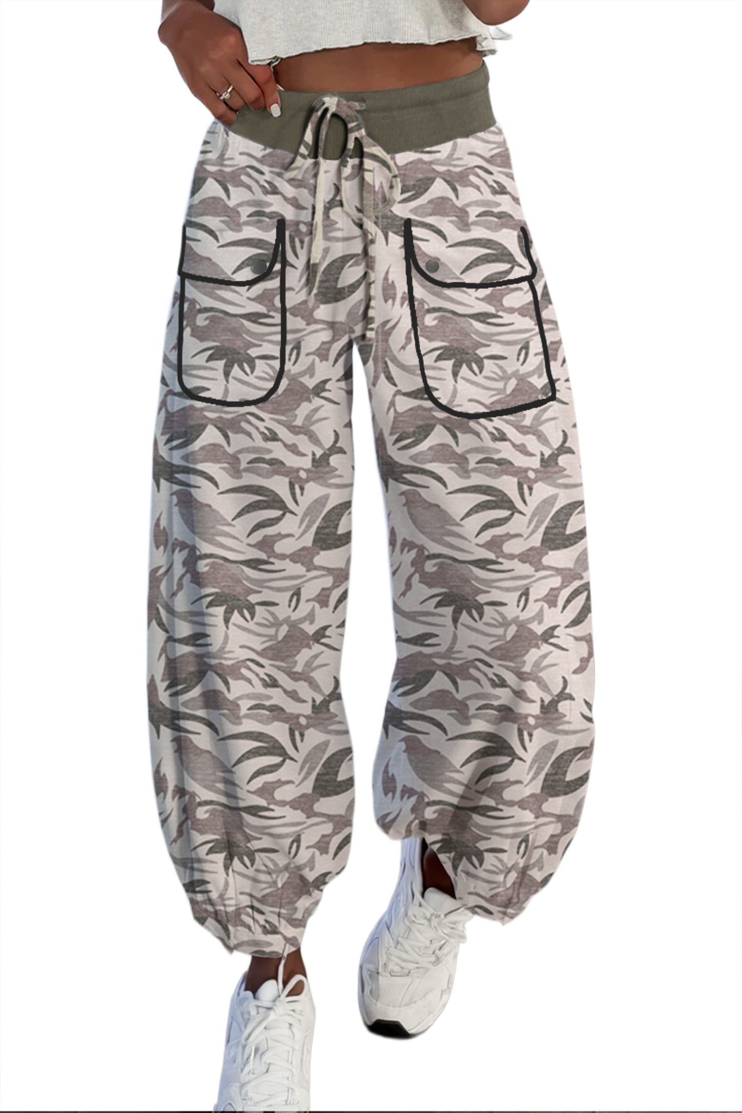 Camo Drawstring Contrast Waistband Barrel Cargo Pants