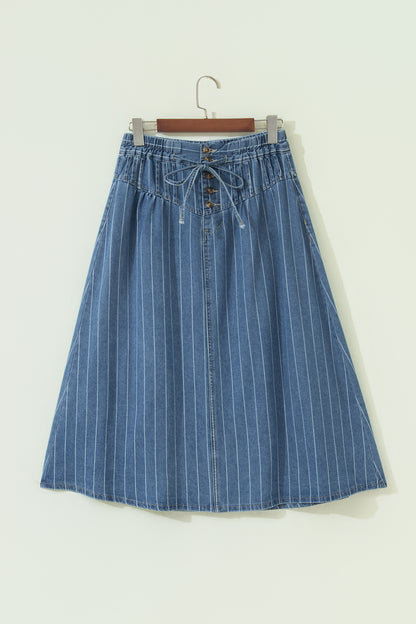 Stripe Denim Button Pleated High Waist Midi Skirt
