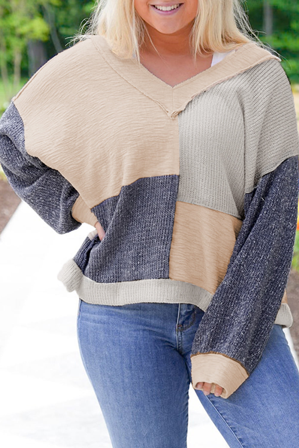 Plus Size Textured Patchwork Reverse Seam Top