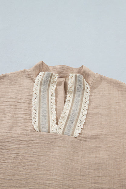 Crochet Lace Trim Rolled Short Sleeve Blouse