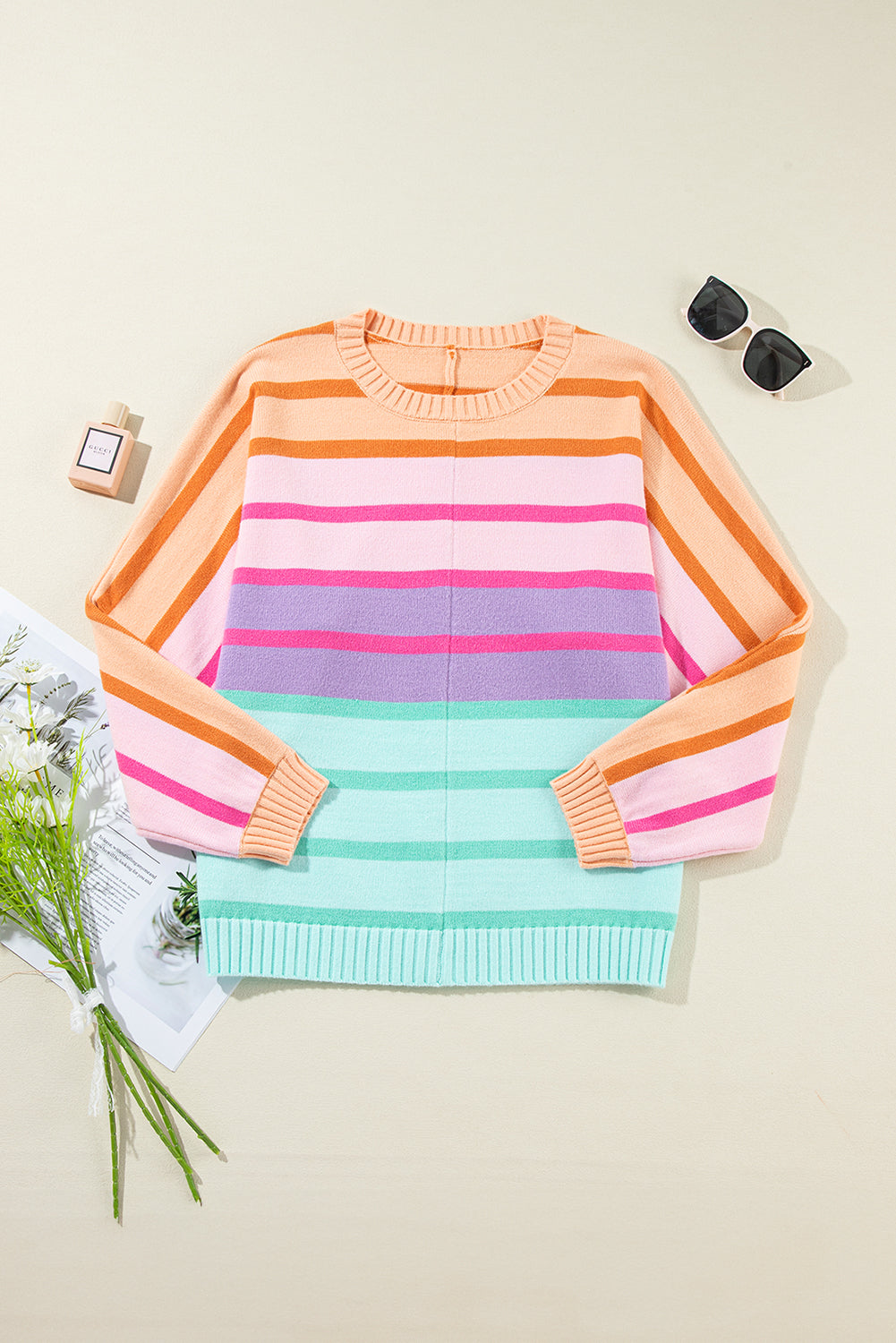 Gradient Stripe Ribbed Trim Sweater